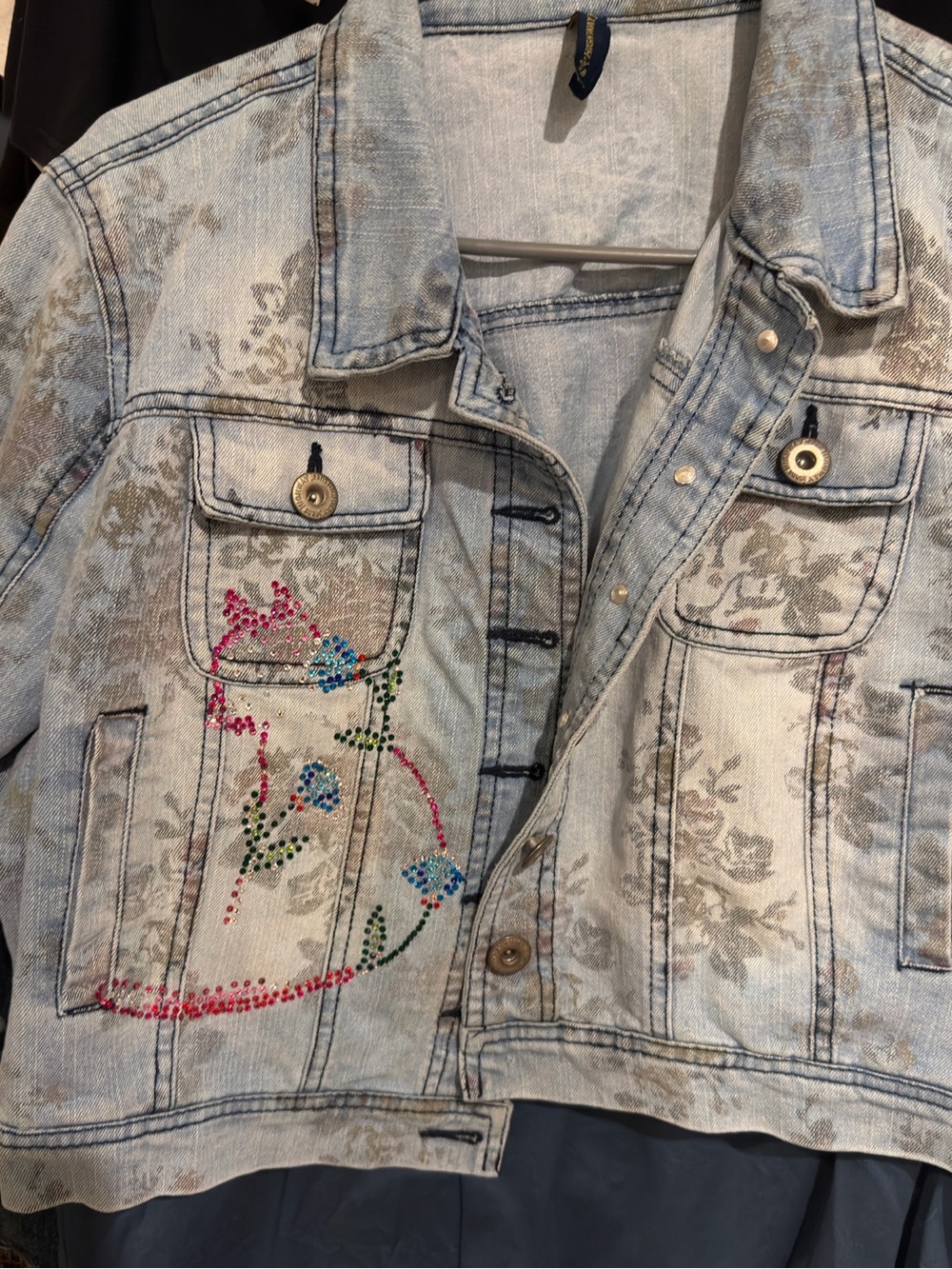 Short Sleeve Floral Jean Jacket. Front Cat Crystal rhinestone image. Handmade